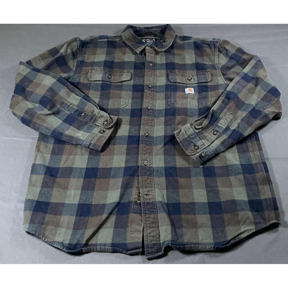 Carhartt Mens Loose Fit Flannel Shirt Blue Green Brown Plaid‎ 105078 DFE Large